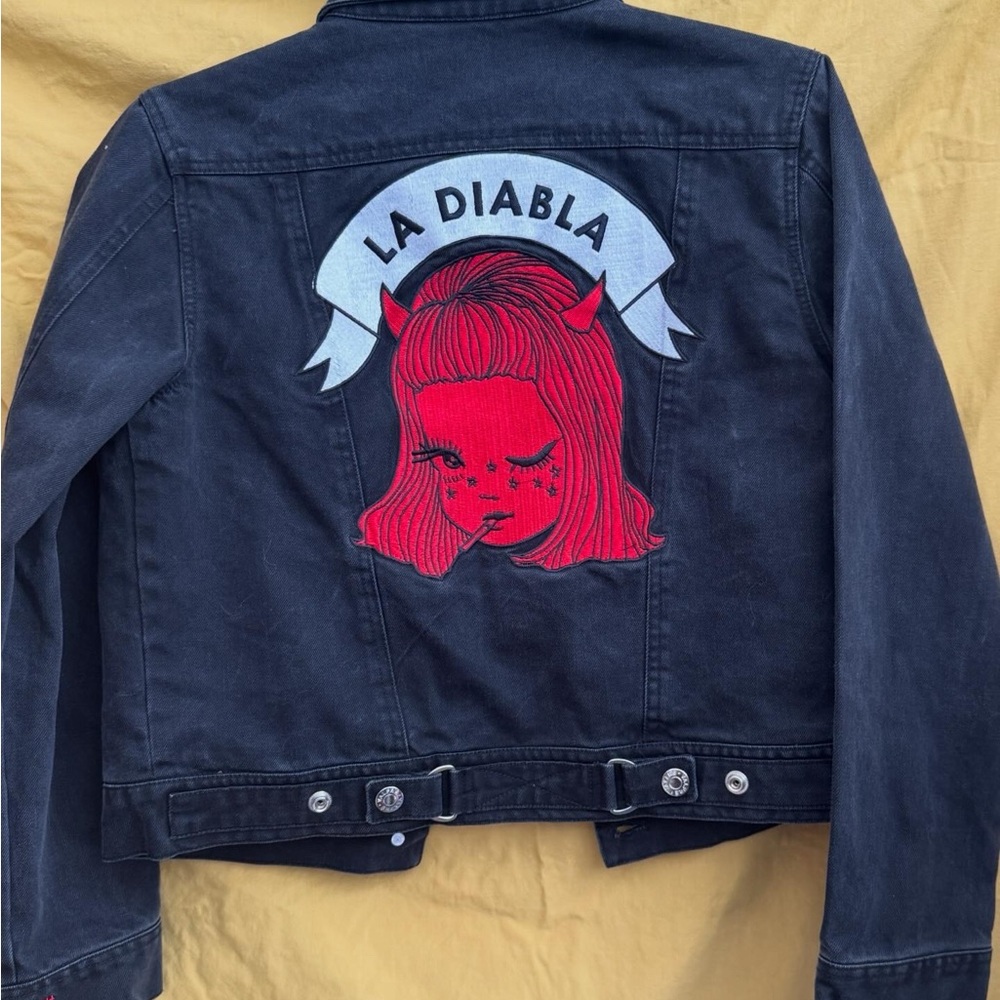 Black Denim Jacket with Red 'La Diabla' Back Patch